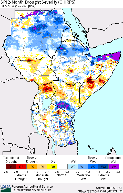 Eastern Africa SPI 2-Month Drought Severity (CHIRPS) Thematic Map For 6/26/2021 - 8/25/2021