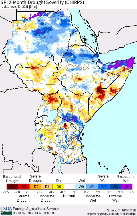 Eastern Africa SPI 2-Month Drought Severity (CHIRPS) Thematic Map For 7/1/2021 - 8/31/2021