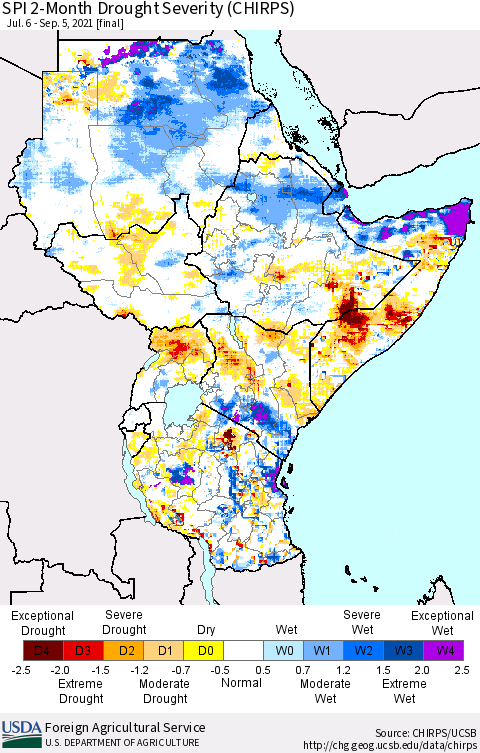 Eastern Africa SPI 2-Month Drought Severity (CHIRPS) Thematic Map For 7/6/2021 - 9/5/2021