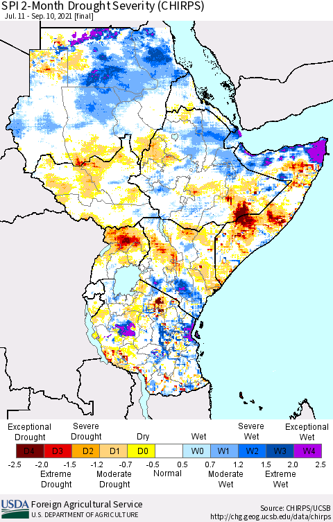Eastern Africa SPI 2-Month Drought Severity (CHIRPS) Thematic Map For 7/11/2021 - 9/10/2021