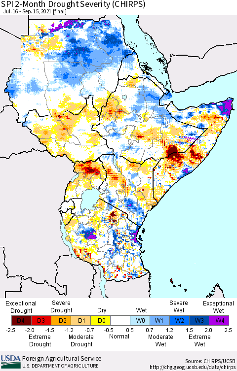 Eastern Africa SPI 2-Month Drought Severity (CHIRPS) Thematic Map For 7/16/2021 - 9/15/2021