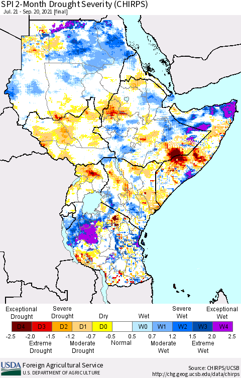 Eastern Africa SPI 2-Month Drought Severity (CHIRPS) Thematic Map For 7/21/2021 - 9/20/2021