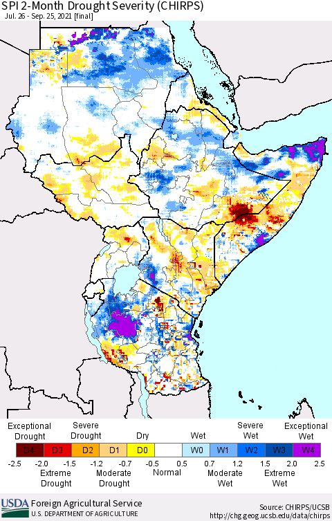 Eastern Africa SPI 2-Month Drought Severity (CHIRPS) Thematic Map For 7/26/2021 - 9/25/2021