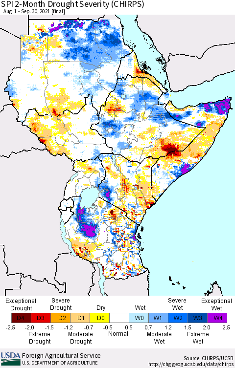 Eastern Africa SPI 2-Month Drought Severity (CHIRPS) Thematic Map For 8/1/2021 - 9/30/2021