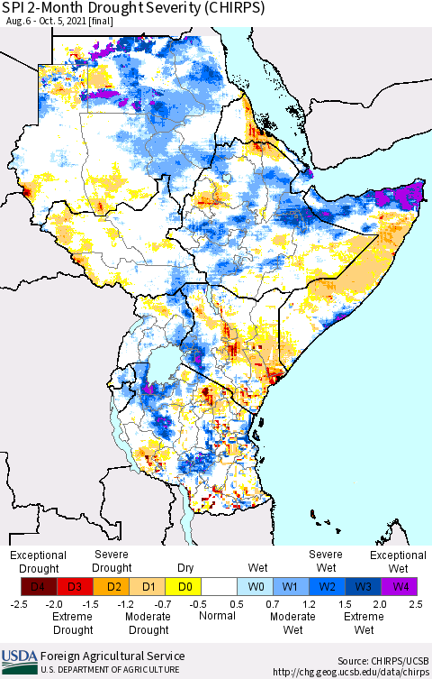 Eastern Africa SPI 2-Month Drought Severity (CHIRPS) Thematic Map For 8/6/2021 - 10/5/2021