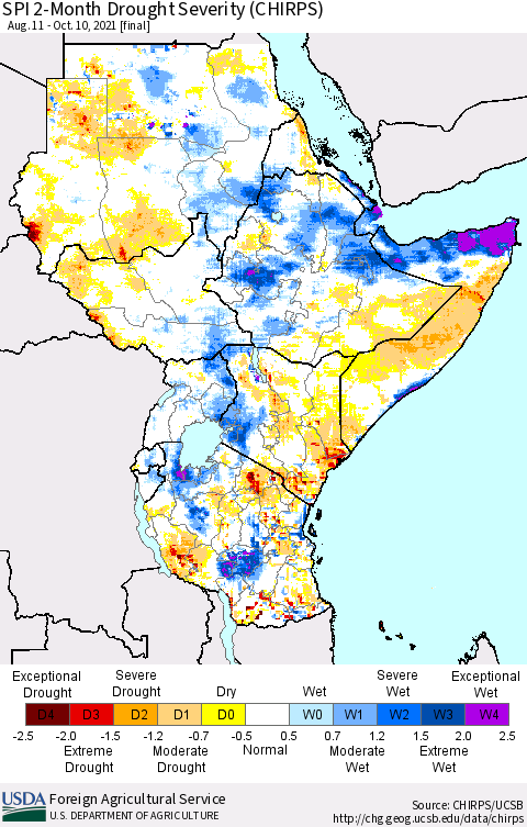 Eastern Africa SPI 2-Month Drought Severity (CHIRPS) Thematic Map For 8/11/2021 - 10/10/2021