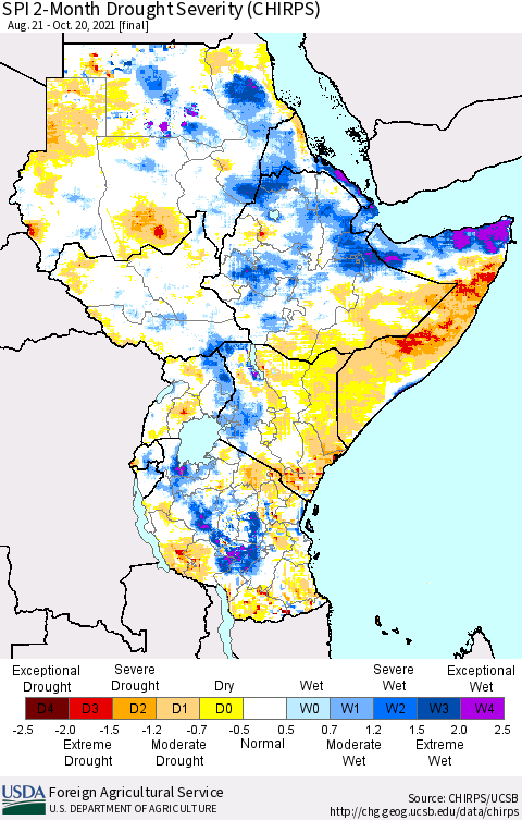 Eastern Africa SPI 2-Month Drought Severity (CHIRPS) Thematic Map For 8/21/2021 - 10/20/2021
