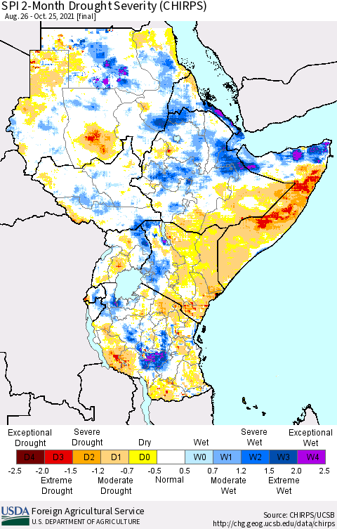 Eastern Africa SPI 2-Month Drought Severity (CHIRPS) Thematic Map For 8/26/2021 - 10/25/2021