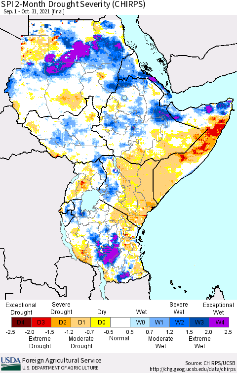 Eastern Africa SPI 2-Month Drought Severity (CHIRPS) Thematic Map For 9/1/2021 - 10/31/2021