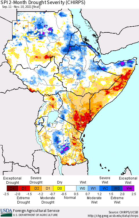 Eastern Africa SPI 2-Month Drought Severity (CHIRPS) Thematic Map For 9/11/2021 - 11/10/2021