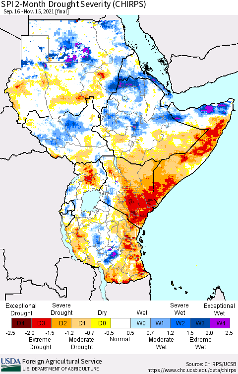 Eastern Africa SPI 2-Month Drought Severity (CHIRPS) Thematic Map For 9/16/2021 - 11/15/2021