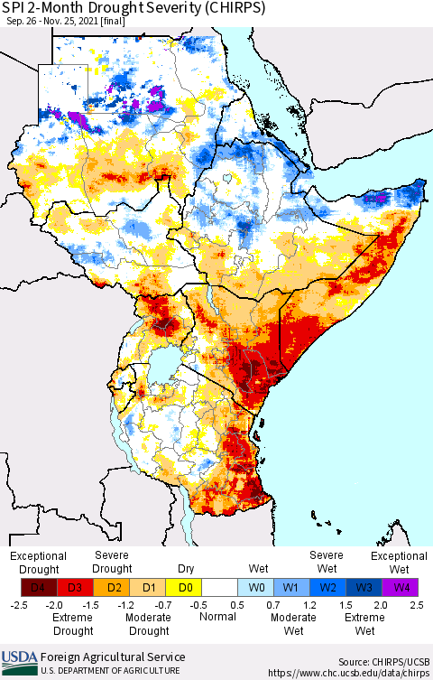 Eastern Africa SPI 2-Month Drought Severity (CHIRPS) Thematic Map For 9/26/2021 - 11/25/2021