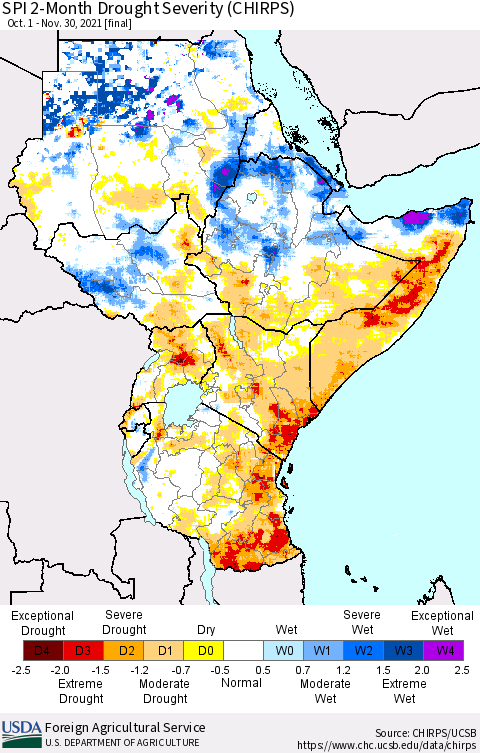 Eastern Africa SPI 2-Month Drought Severity (CHIRPS) Thematic Map For 10/1/2021 - 11/30/2021