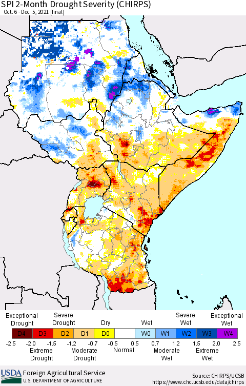 Eastern Africa SPI 2-Month Drought Severity (CHIRPS) Thematic Map For 10/6/2021 - 12/5/2021