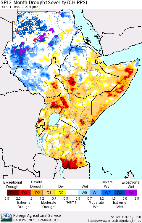 Eastern Africa SPI 2-Month Drought Severity (CHIRPS) Thematic Map For 10/11/2021 - 12/10/2021