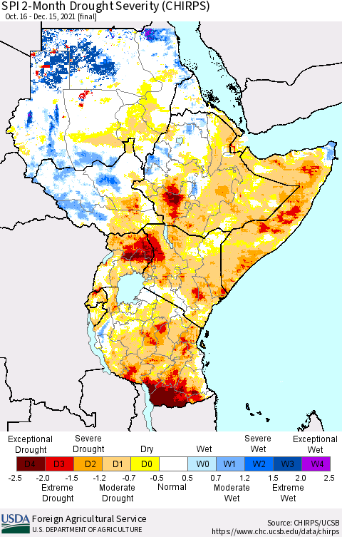Eastern Africa SPI 2-Month Drought Severity (CHIRPS) Thematic Map For 10/16/2021 - 12/15/2021
