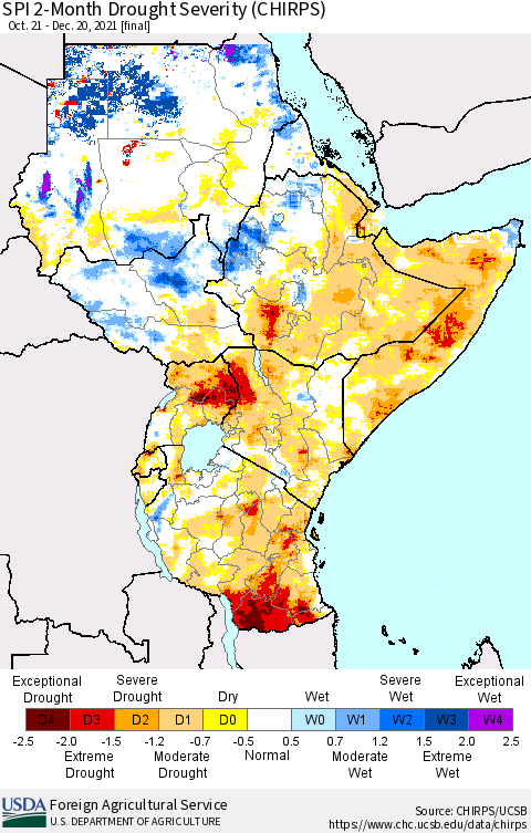 Eastern Africa SPI 2-Month Drought Severity (CHIRPS) Thematic Map For 10/21/2021 - 12/20/2021