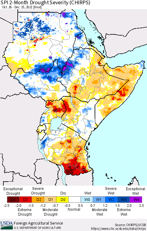 Eastern Africa SPI 2-Month Drought Severity (CHIRPS) Thematic Map For 10/26/2021 - 12/25/2021