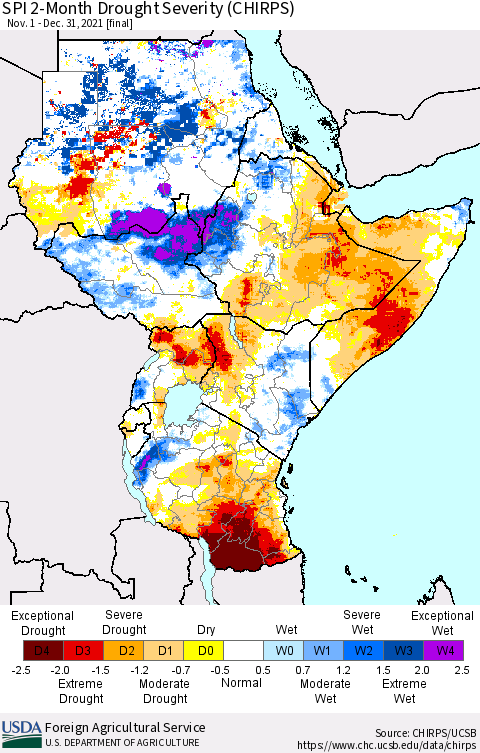 Eastern Africa SPI 2-Month Drought Severity (CHIRPS) Thematic Map For 11/1/2021 - 12/31/2021
