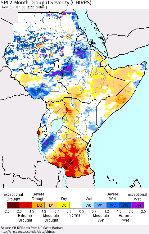 Eastern Africa SPI 2-Month Drought Severity (CHIRPS) Thematic Map For 11/11/2021 - 1/10/2022