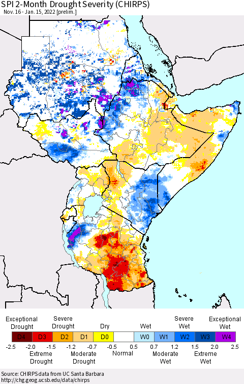 Eastern Africa SPI 2-Month Drought Severity (CHIRPS) Thematic Map For 11/16/2021 - 1/15/2022