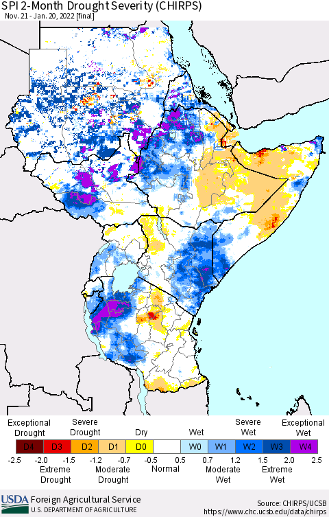 Eastern Africa SPI 2-Month Drought Severity (CHIRPS) Thematic Map For 11/21/2021 - 1/20/2022