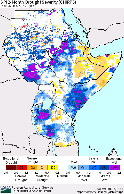Eastern Africa SPI 2-Month Drought Severity (CHIRPS) Thematic Map For 11/26/2021 - 1/25/2022