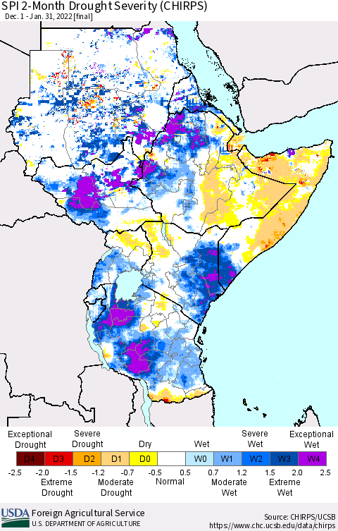 Eastern Africa SPI 2-Month Drought Severity (CHIRPS) Thematic Map For 12/1/2021 - 1/31/2022