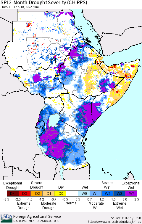 Eastern Africa SPI 2-Month Drought Severity (CHIRPS) Thematic Map For 12/11/2021 - 2/10/2022