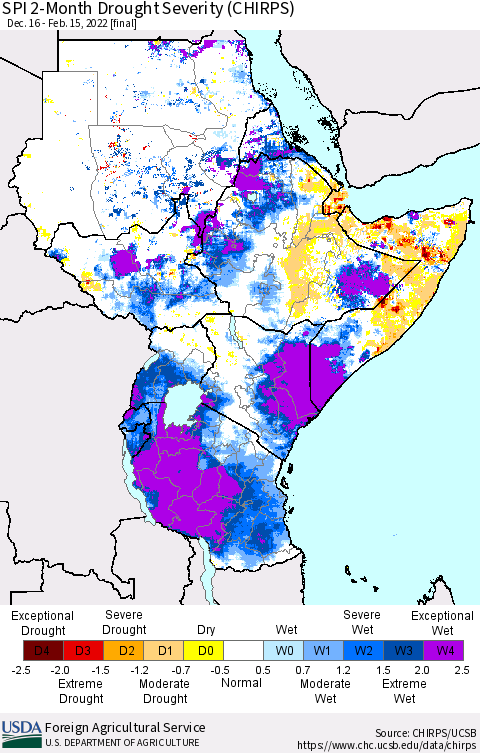 Eastern Africa SPI 2-Month Drought Severity (CHIRPS) Thematic Map For 12/16/2021 - 2/15/2022