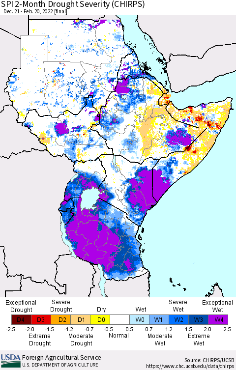 Eastern Africa SPI 2-Month Drought Severity (CHIRPS) Thematic Map For 12/21/2021 - 2/20/2022