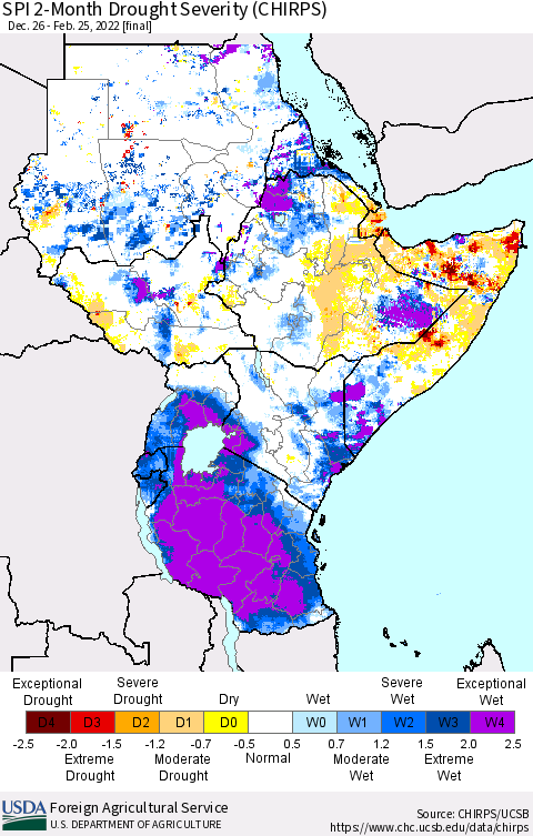Eastern Africa SPI 2-Month Drought Severity (CHIRPS) Thematic Map For 12/26/2021 - 2/25/2022