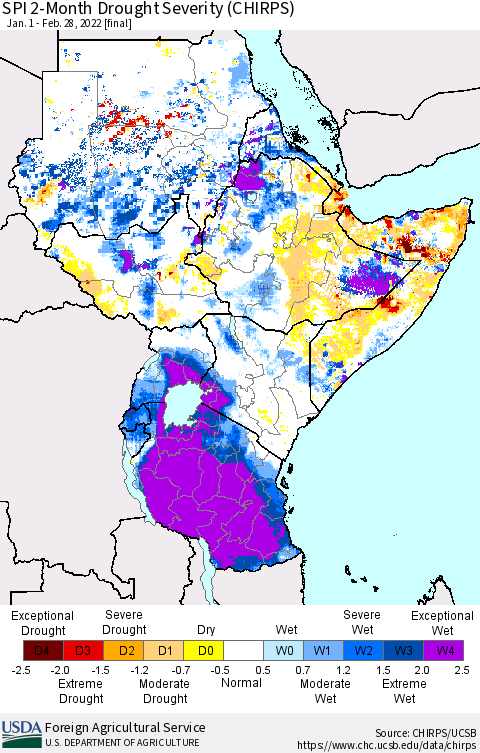 Eastern Africa SPI 2-Month Drought Severity (CHIRPS) Thematic Map For 1/1/2022 - 2/28/2022
