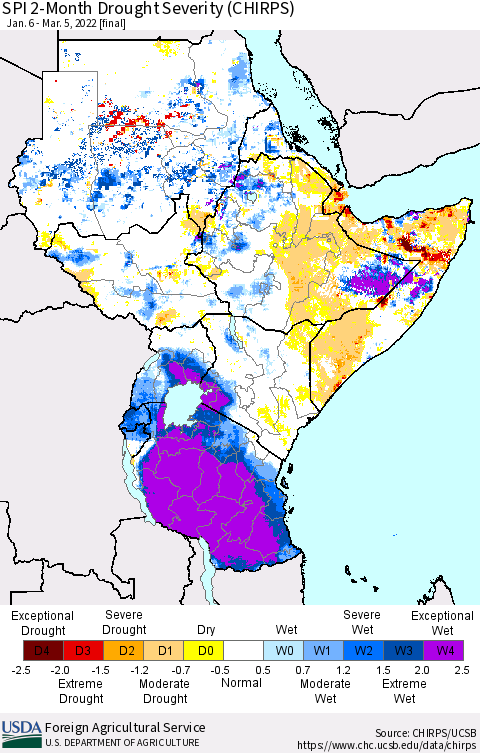 Eastern Africa SPI 2-Month Drought Severity (CHIRPS) Thematic Map For 1/6/2022 - 3/5/2022