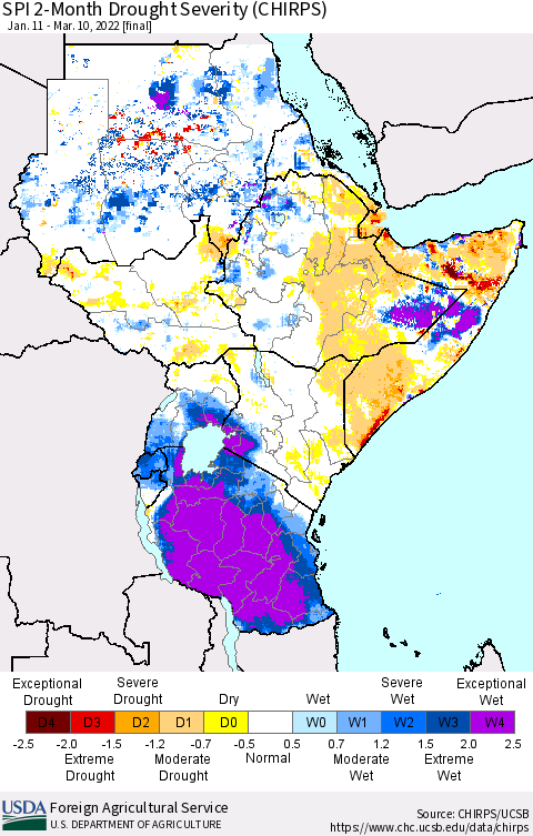 Eastern Africa SPI 2-Month Drought Severity (CHIRPS) Thematic Map For 1/11/2022 - 3/10/2022