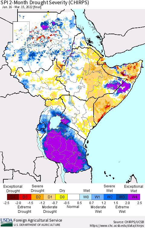 Eastern Africa SPI 2-Month Drought Severity (CHIRPS) Thematic Map For 1/16/2022 - 3/15/2022