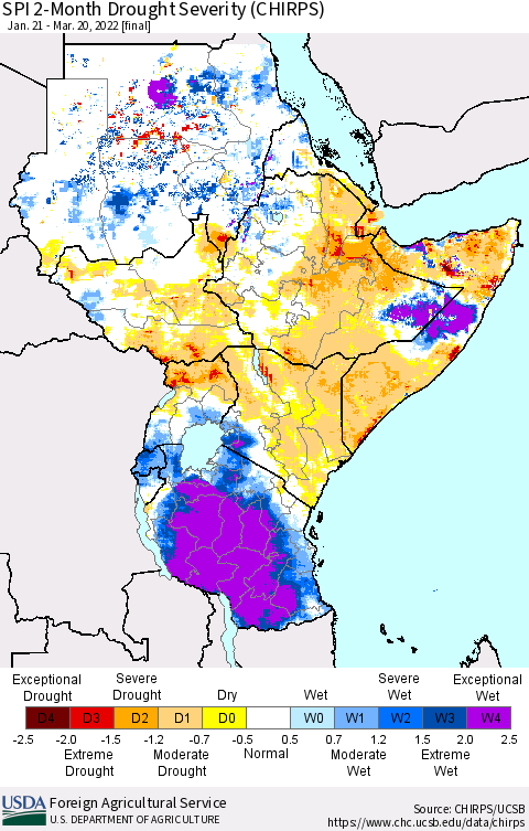 Eastern Africa SPI 2-Month Drought Severity (CHIRPS) Thematic Map For 1/21/2022 - 3/20/2022