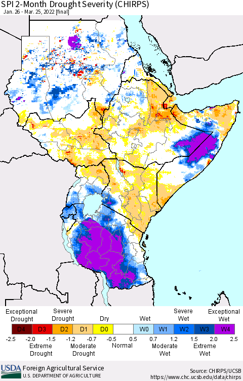 Eastern Africa SPI 2-Month Drought Severity (CHIRPS) Thematic Map For 1/26/2022 - 3/25/2022