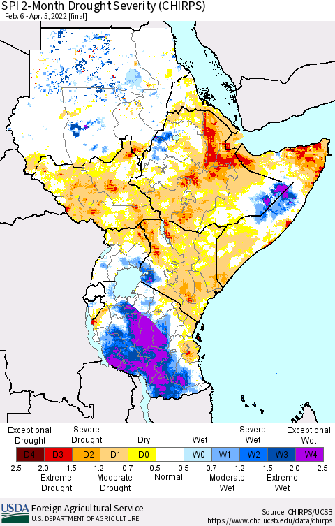 Eastern Africa SPI 2-Month Drought Severity (CHIRPS) Thematic Map For 2/6/2022 - 4/5/2022