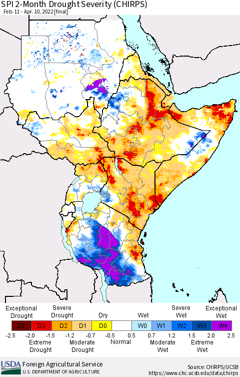 Eastern Africa SPI 2-Month Drought Severity (CHIRPS) Thematic Map For 2/11/2022 - 4/10/2022