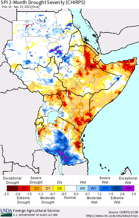 Eastern Africa SPI 2-Month Drought Severity (CHIRPS) Thematic Map For 2/16/2022 - 4/15/2022