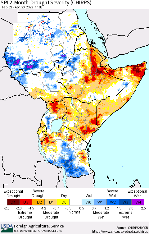 Eastern Africa SPI 2-Month Drought Severity (CHIRPS) Thematic Map For 2/21/2022 - 4/20/2022