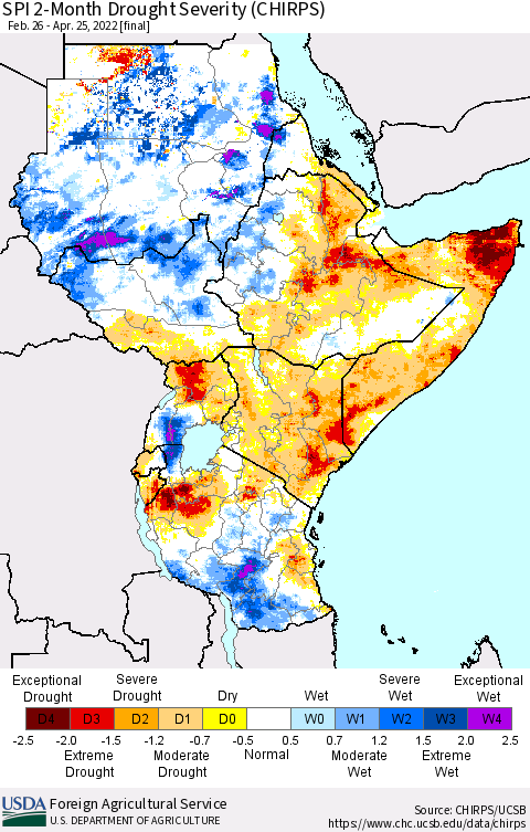 Eastern Africa SPI 2-Month Drought Severity (CHIRPS) Thematic Map For 2/26/2022 - 4/25/2022