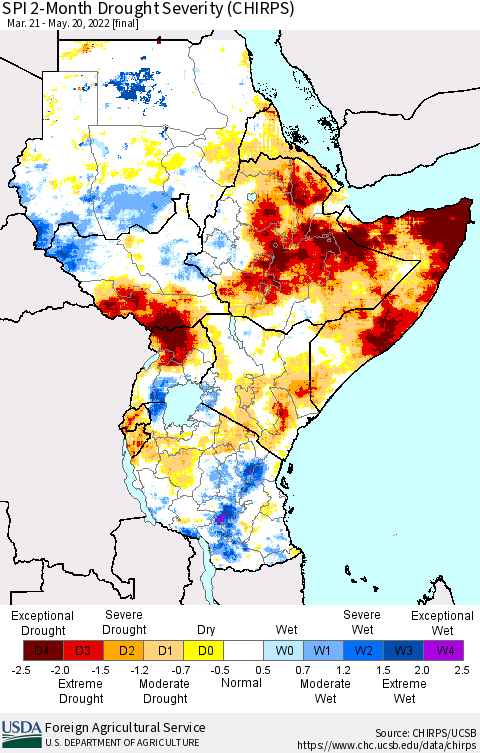 Eastern Africa SPI 2-Month Drought Severity (CHIRPS) Thematic Map For 3/21/2022 - 5/20/2022