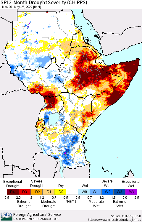 Eastern Africa SPI 2-Month Drought Severity (CHIRPS) Thematic Map For 3/26/2022 - 5/25/2022