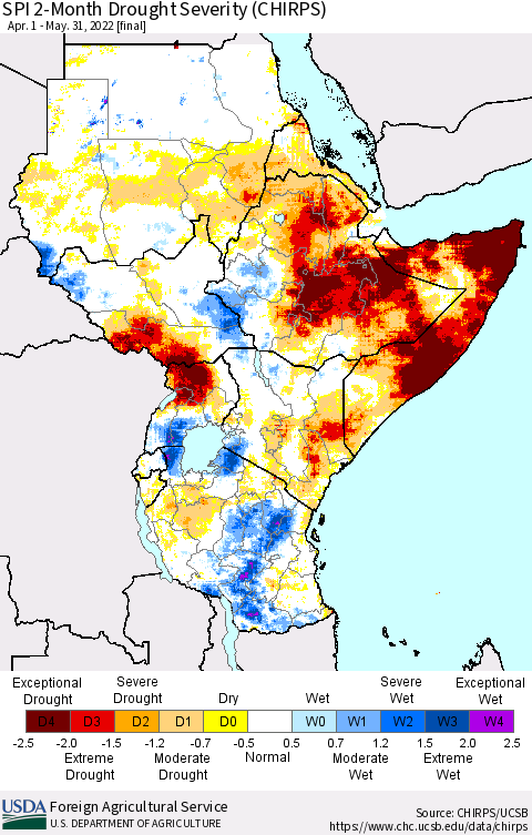 Eastern Africa SPI 2-Month Drought Severity (CHIRPS) Thematic Map For 4/1/2022 - 5/31/2022