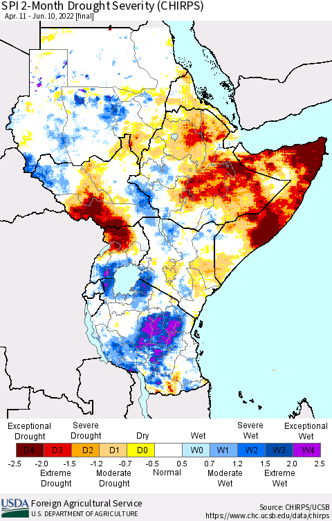 Eastern Africa SPI 2-Month Drought Severity (CHIRPS) Thematic Map For 4/11/2022 - 6/10/2022