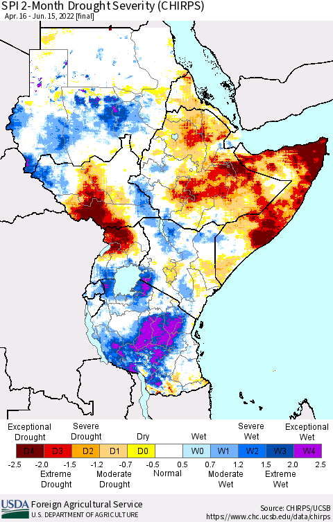 Eastern Africa SPI 2-Month Drought Severity (CHIRPS) Thematic Map For 4/16/2022 - 6/15/2022