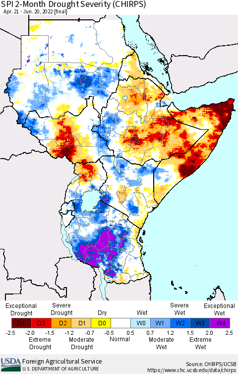 Eastern Africa SPI 2-Month Drought Severity (CHIRPS) Thematic Map For 4/21/2022 - 6/20/2022