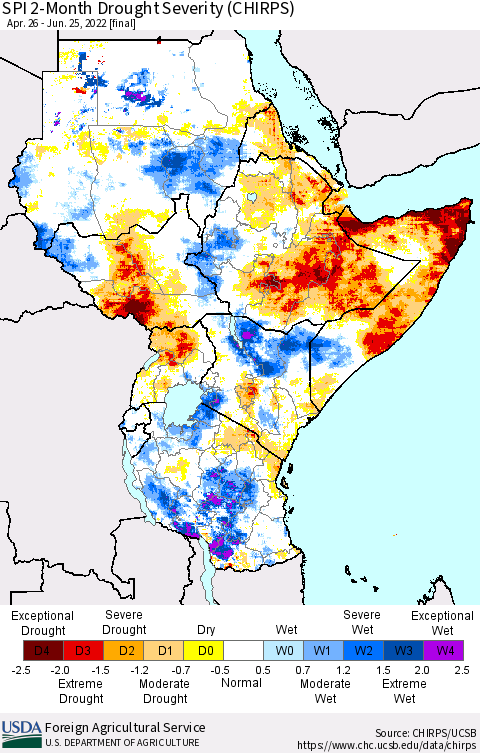 Eastern Africa SPI 2-Month Drought Severity (CHIRPS) Thematic Map For 4/26/2022 - 6/25/2022
